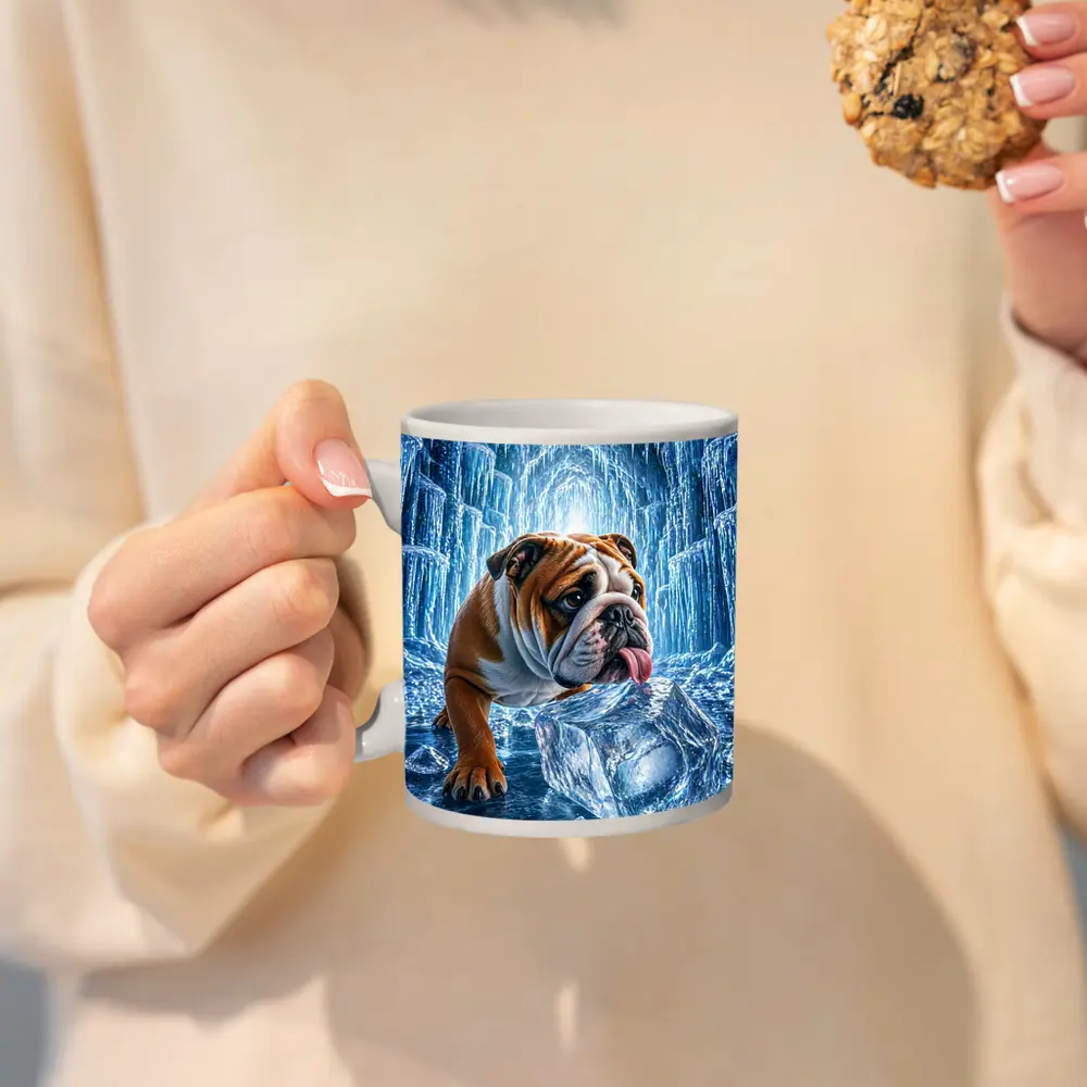 English Bulldog Licking Ice Block Frozen Cave – Mugs