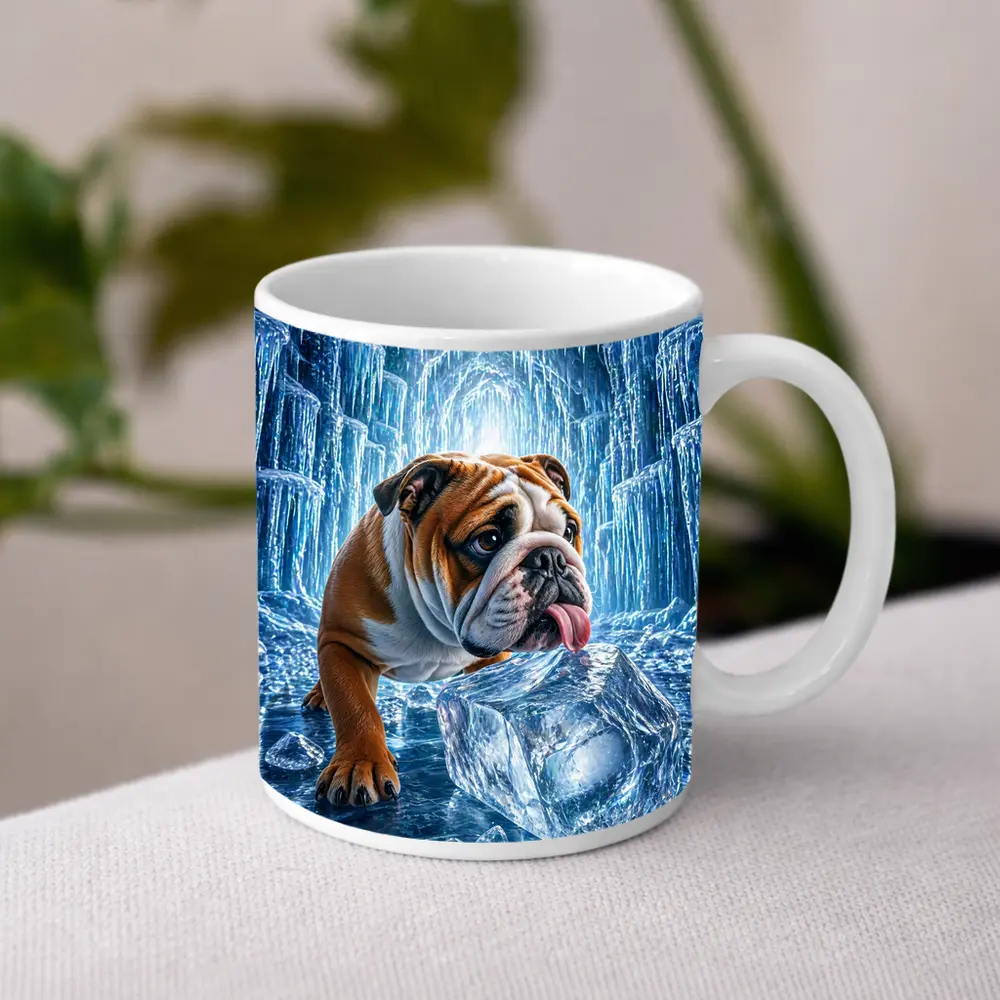 English Bulldog Licking Ice Block Frozen Cave – Mugs