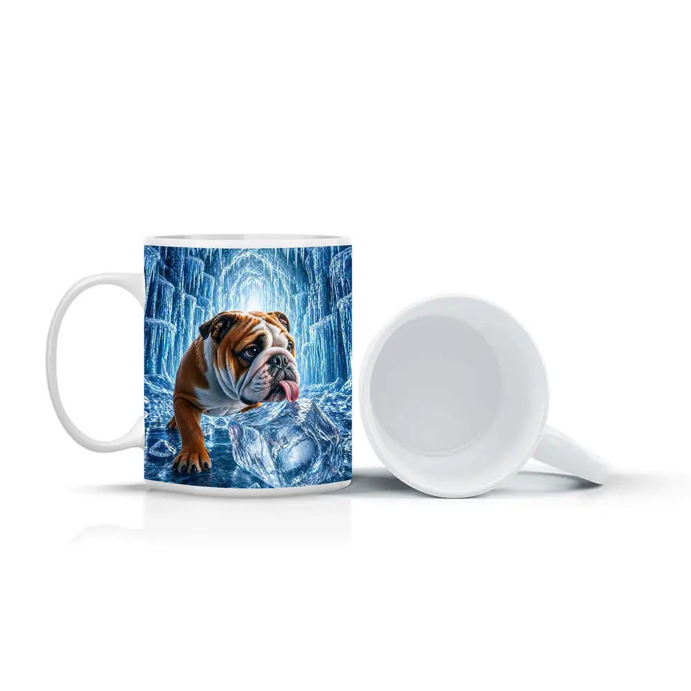 English Bulldog Licking Ice Block Frozen Cave – Mugs