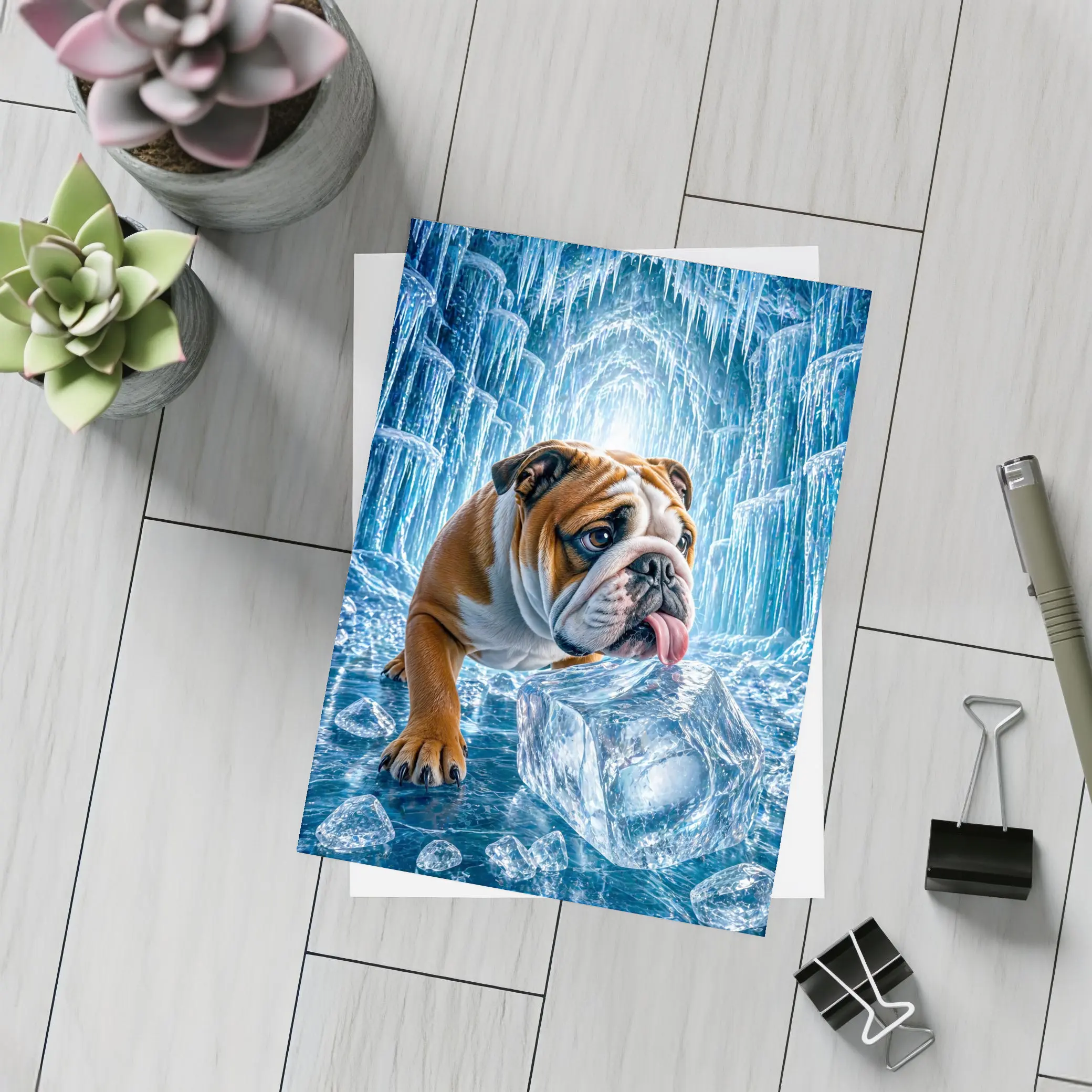 English Bulldog Licking Ice Block Frozen Cave – Postcards