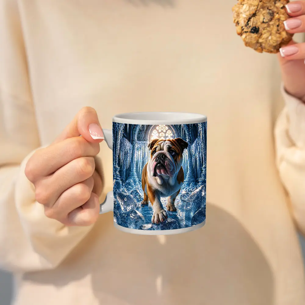English Bulldog Standing In Icy Cathedral – Mugs
