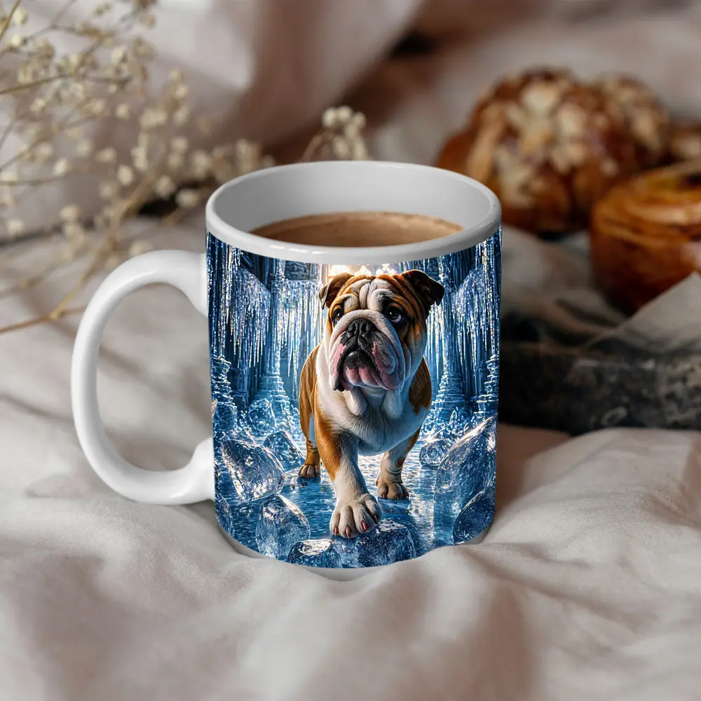 English Bulldog Standing In Icy Cathedral – Mugs