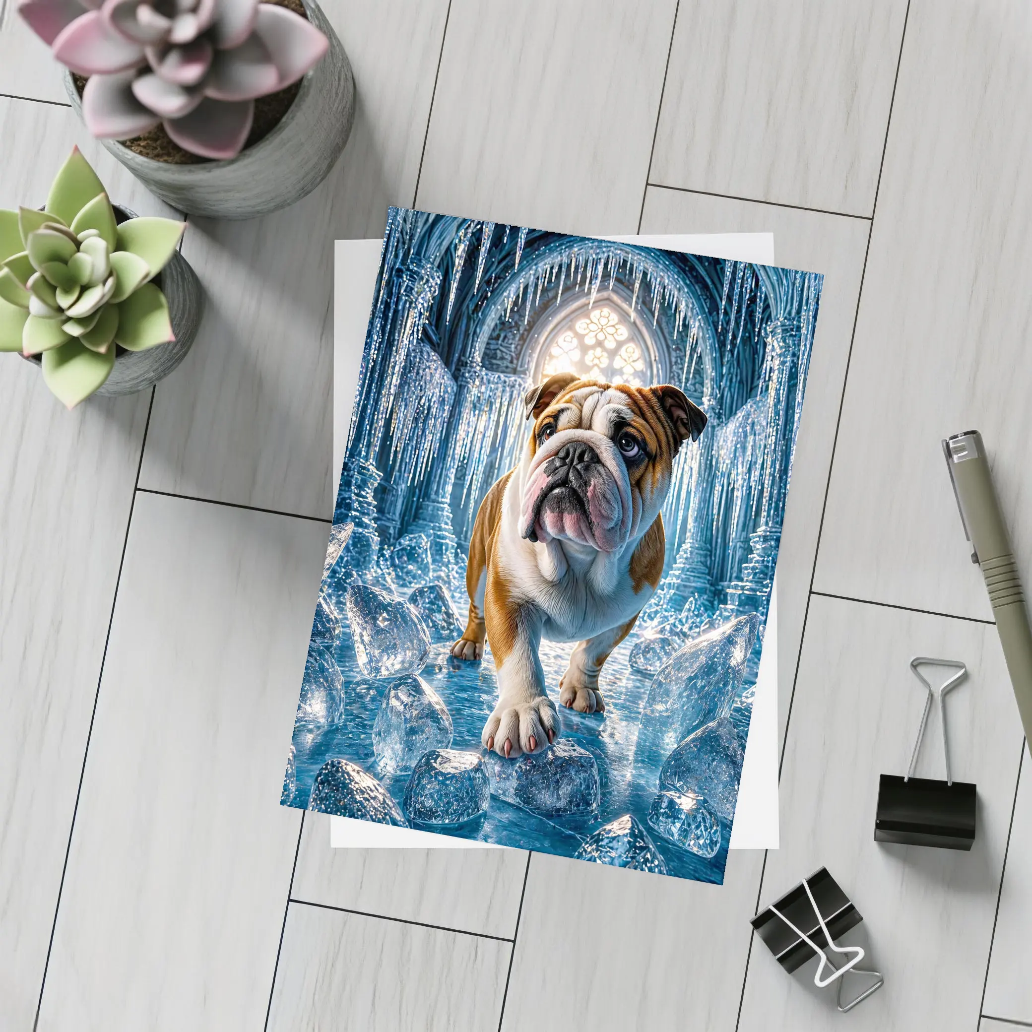 English Bulldog Standing In Icy Cathedral – Postcards