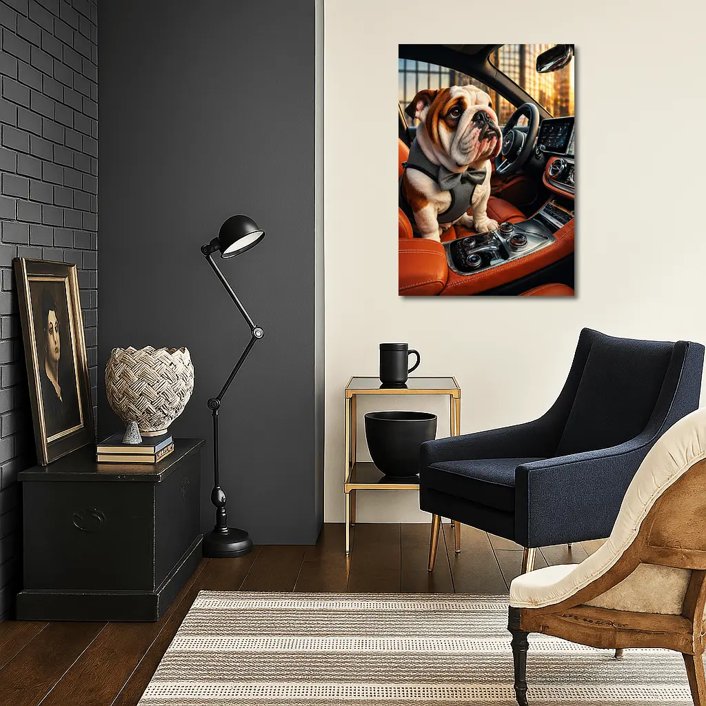 English Bulldog Puppy Sitting Inside Luxury Car – Wall Art