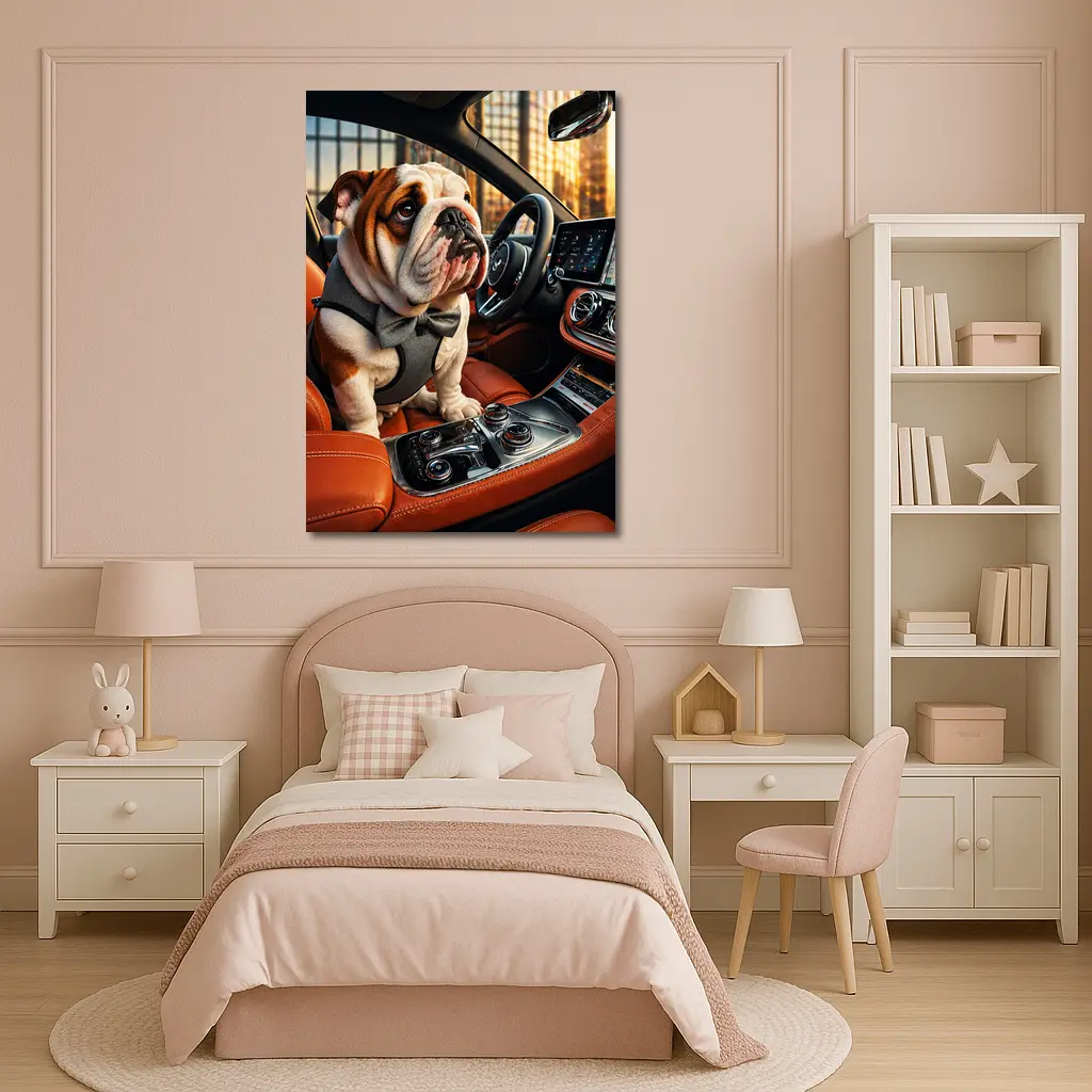 English Bulldog Puppy Sitting Inside Luxury Car – Wall Art