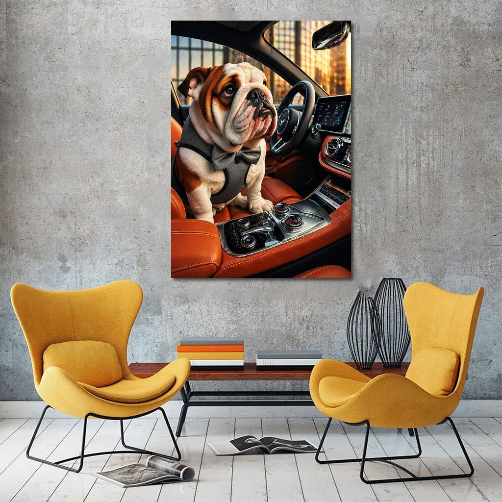 English Bulldog Puppy Sitting Inside Luxury Car – Wall Art