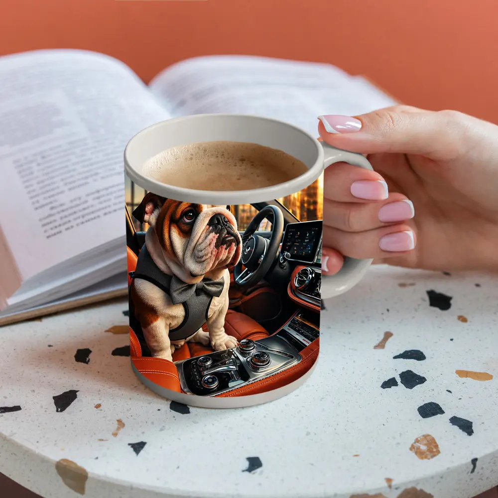 English Bulldog Puppy Sitting Inside Luxury Car – Mugs