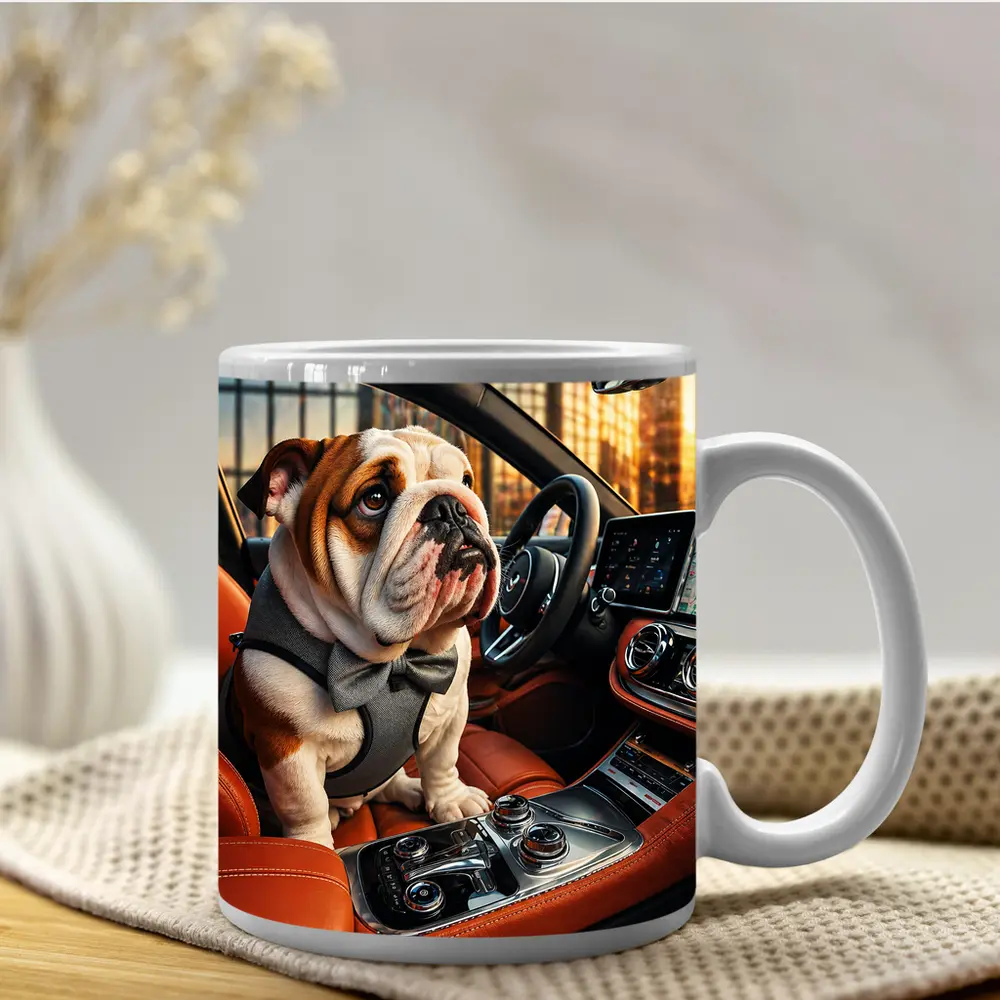 English Bulldog Puppy Sitting Inside Luxury Car – Mugs