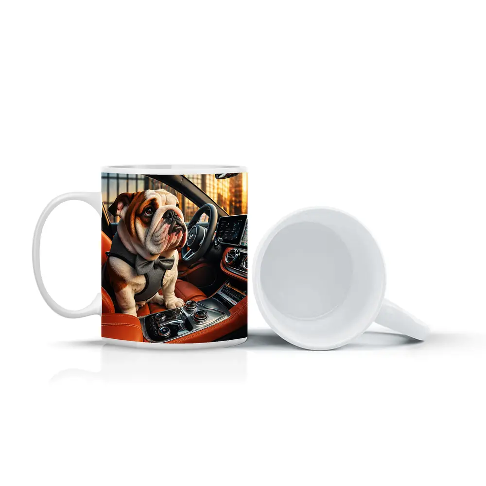 English Bulldog Puppy Sitting Inside Luxury Car – Mugs