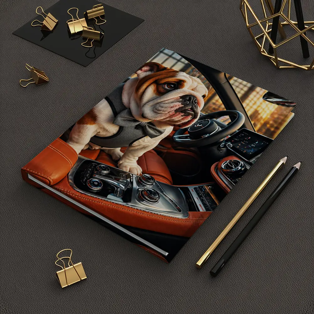 English Bulldog Puppy Sitting Inside Luxury Car – Notebooks