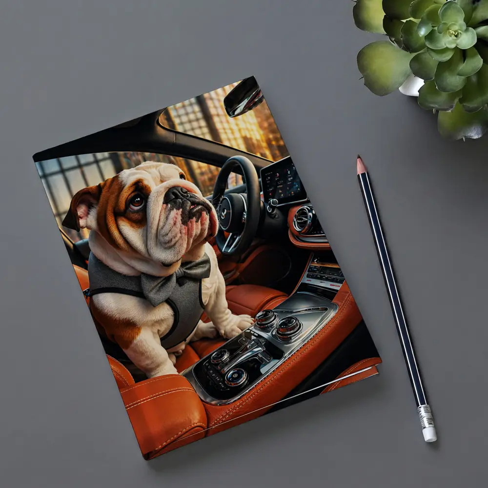 English Bulldog Puppy Sitting Inside Luxury Car – Notebooks