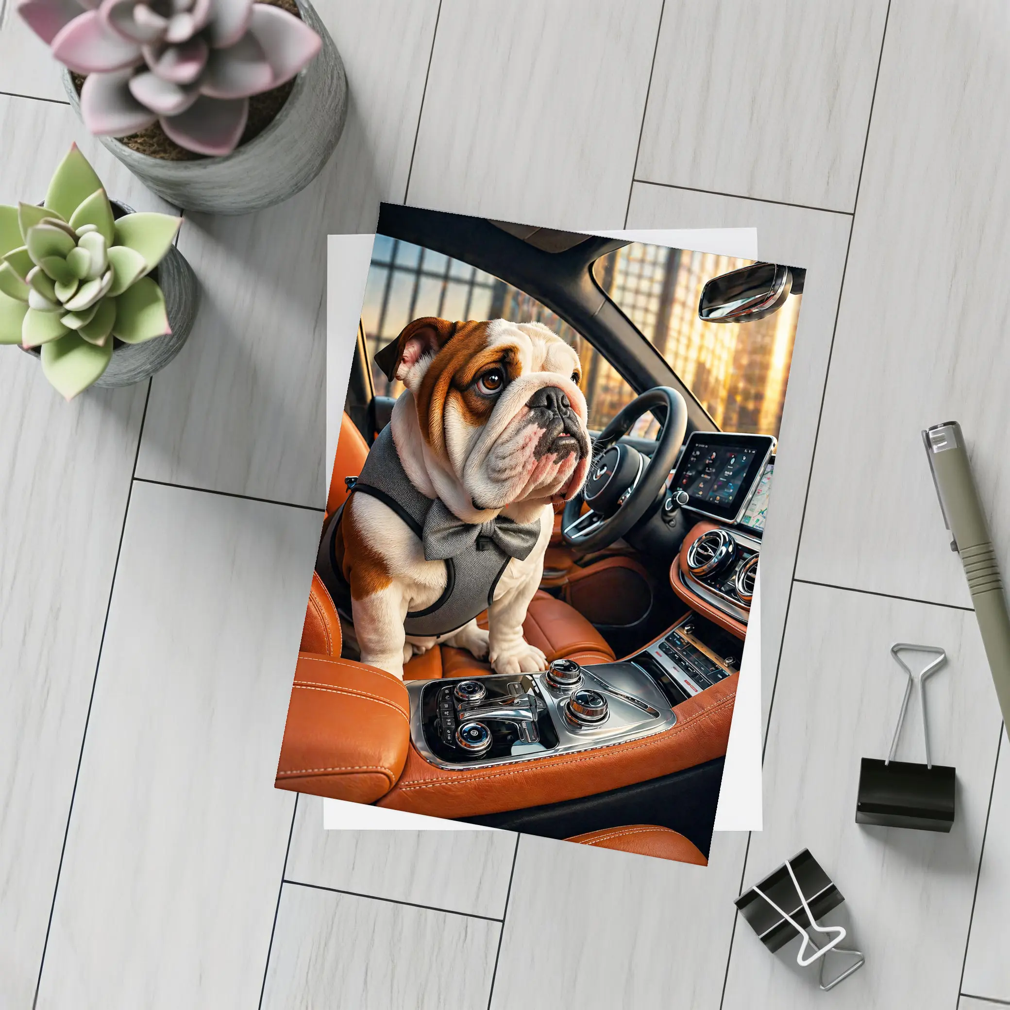 English Bulldog Puppy Sitting Inside Luxury Car – Postcards