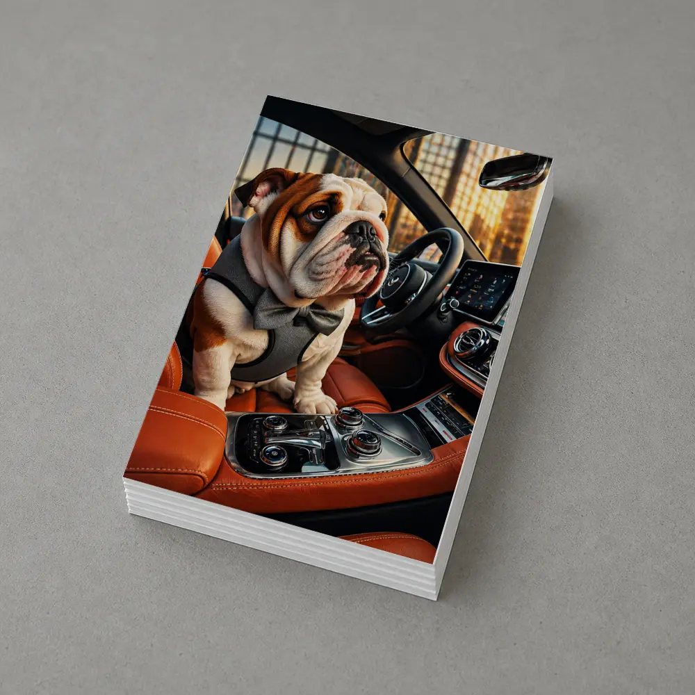 English Bulldog Puppy Sitting Inside Luxury Car – Postcards