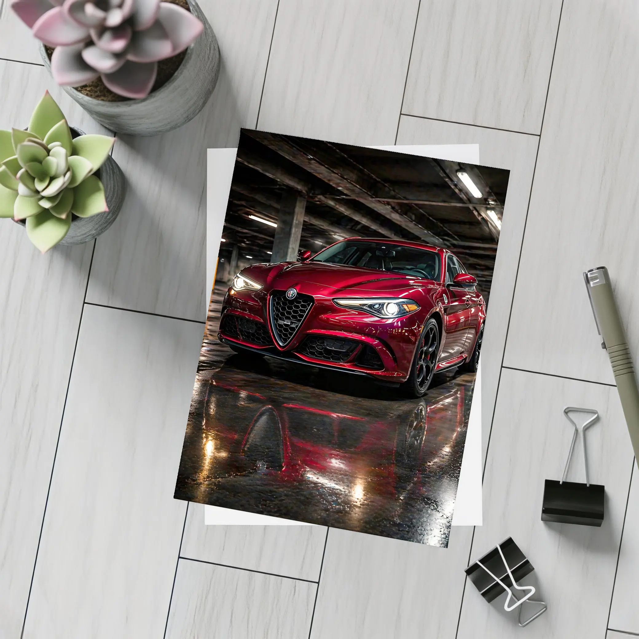 Alfa Romeo Giulia Red Wet Parking Garage – Postcards