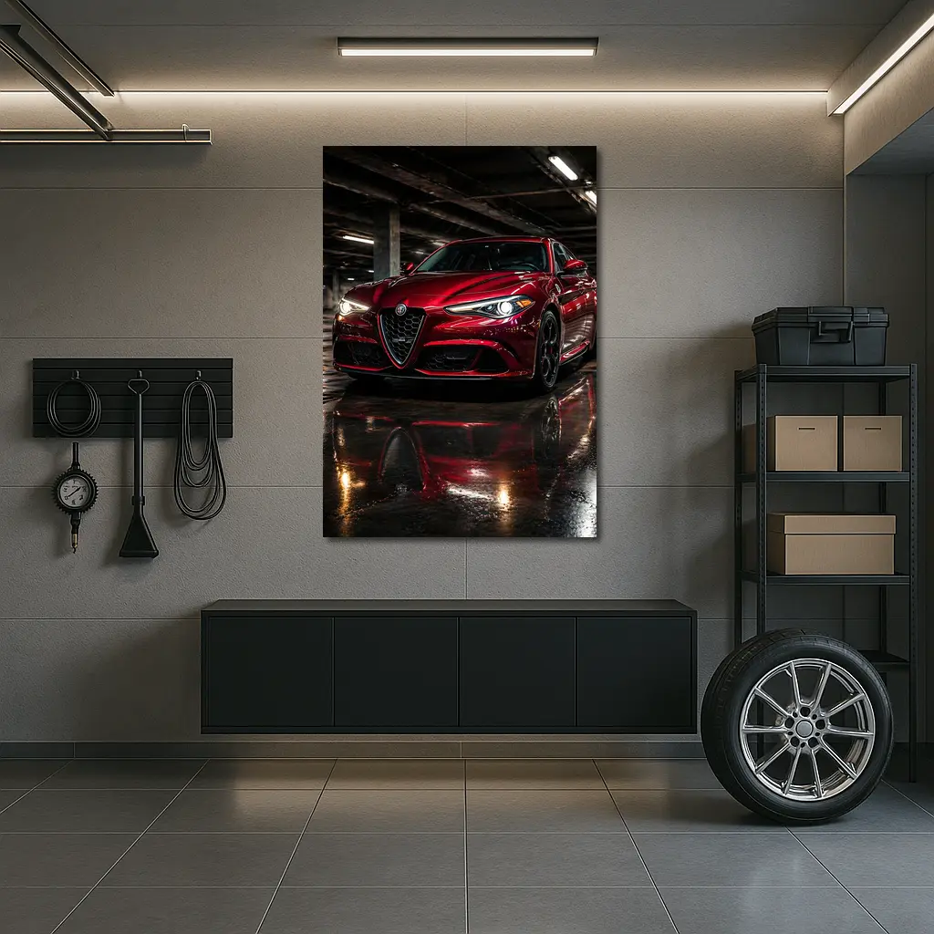 Alfa Romeo Giulia Red Wet Parking Garage – Wall Art