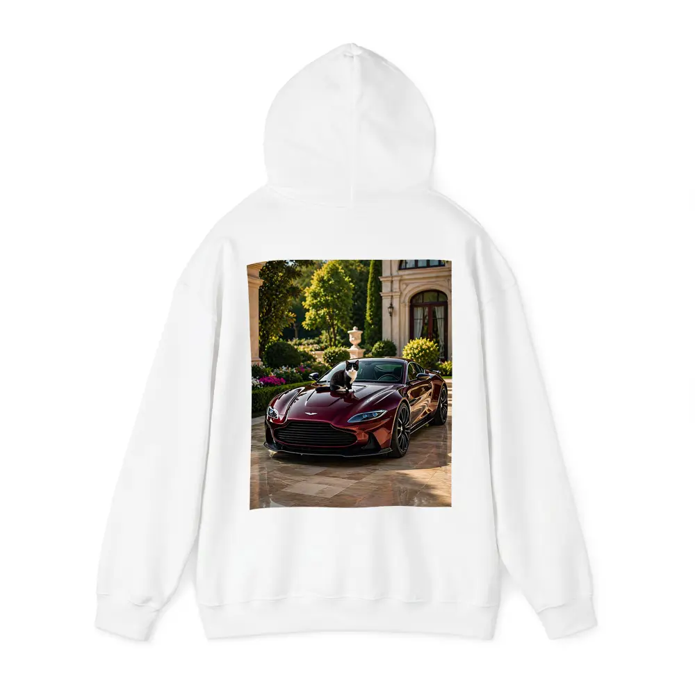 Aston Martin Vantage Tuxedo Cat Mansion Driveway – Hoodies