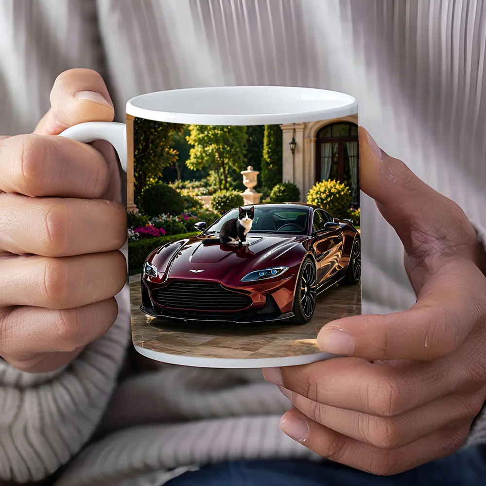 Aston Martin Vantage Tuxedo Cat Mansion Driveway – Mugs