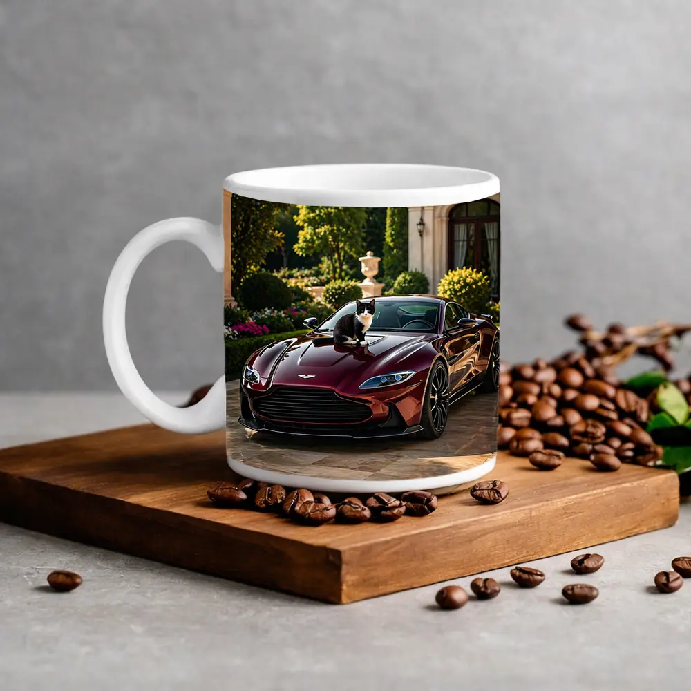 Aston Martin Vantage Tuxedo Cat Mansion Driveway – Mugs