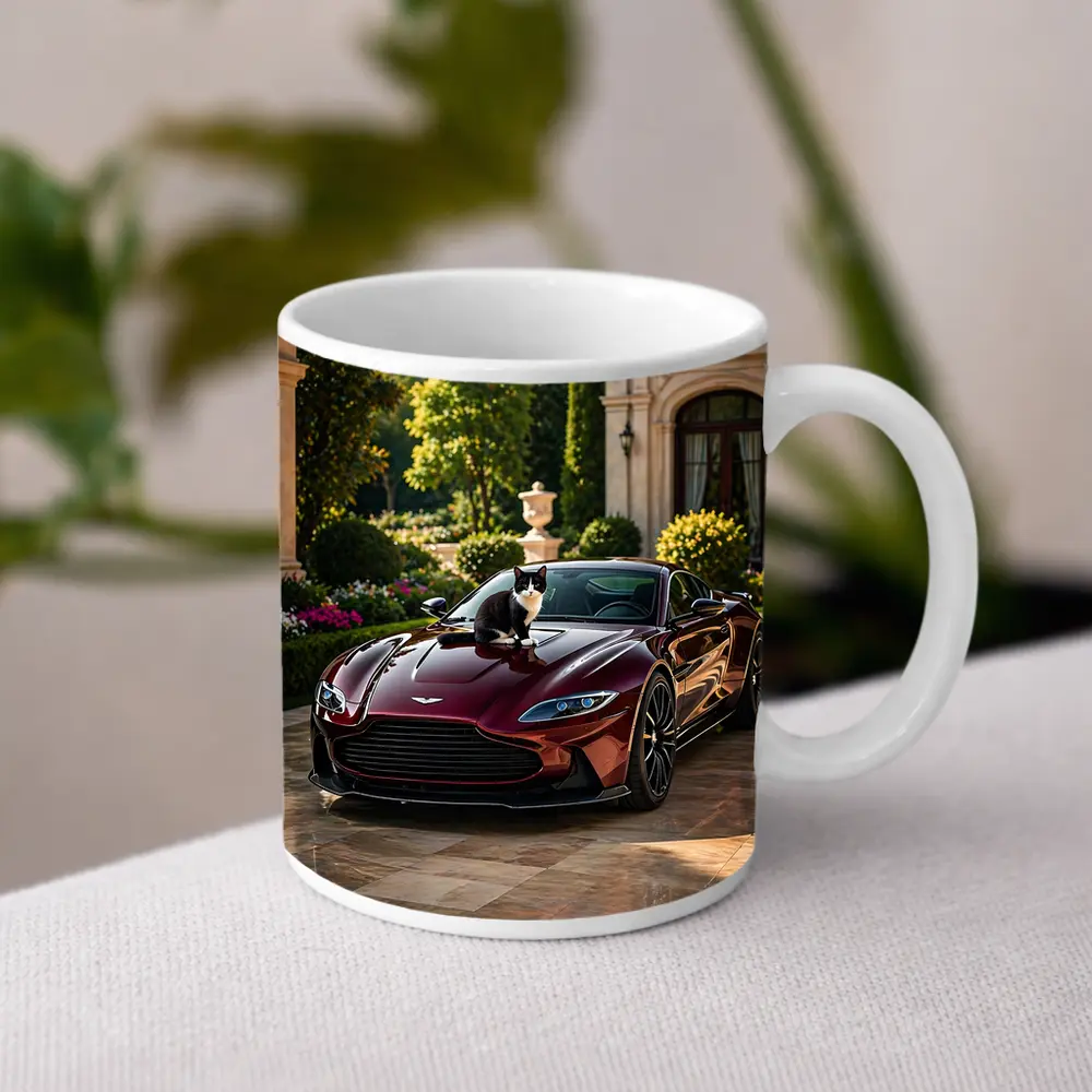 Aston Martin Vantage Tuxedo Cat Mansion Driveway – Mugs