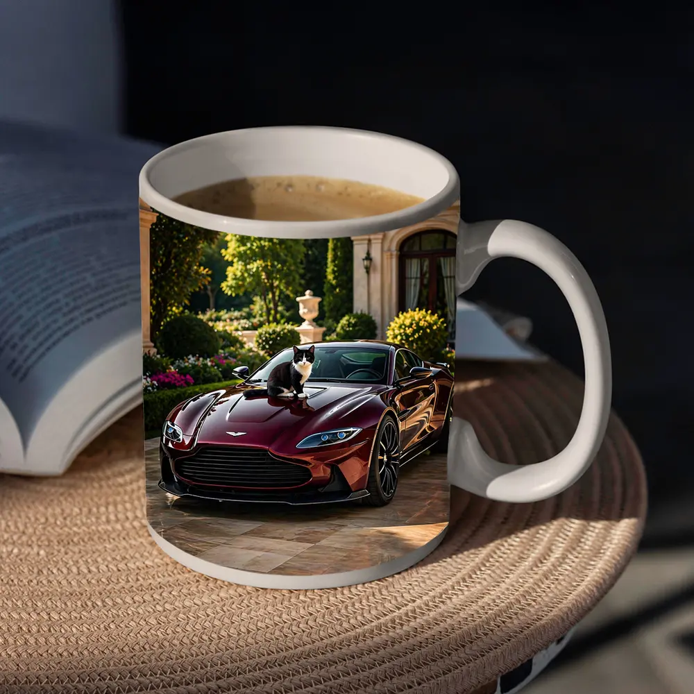 Aston Martin Vantage Tuxedo Cat Mansion Driveway – Mugs