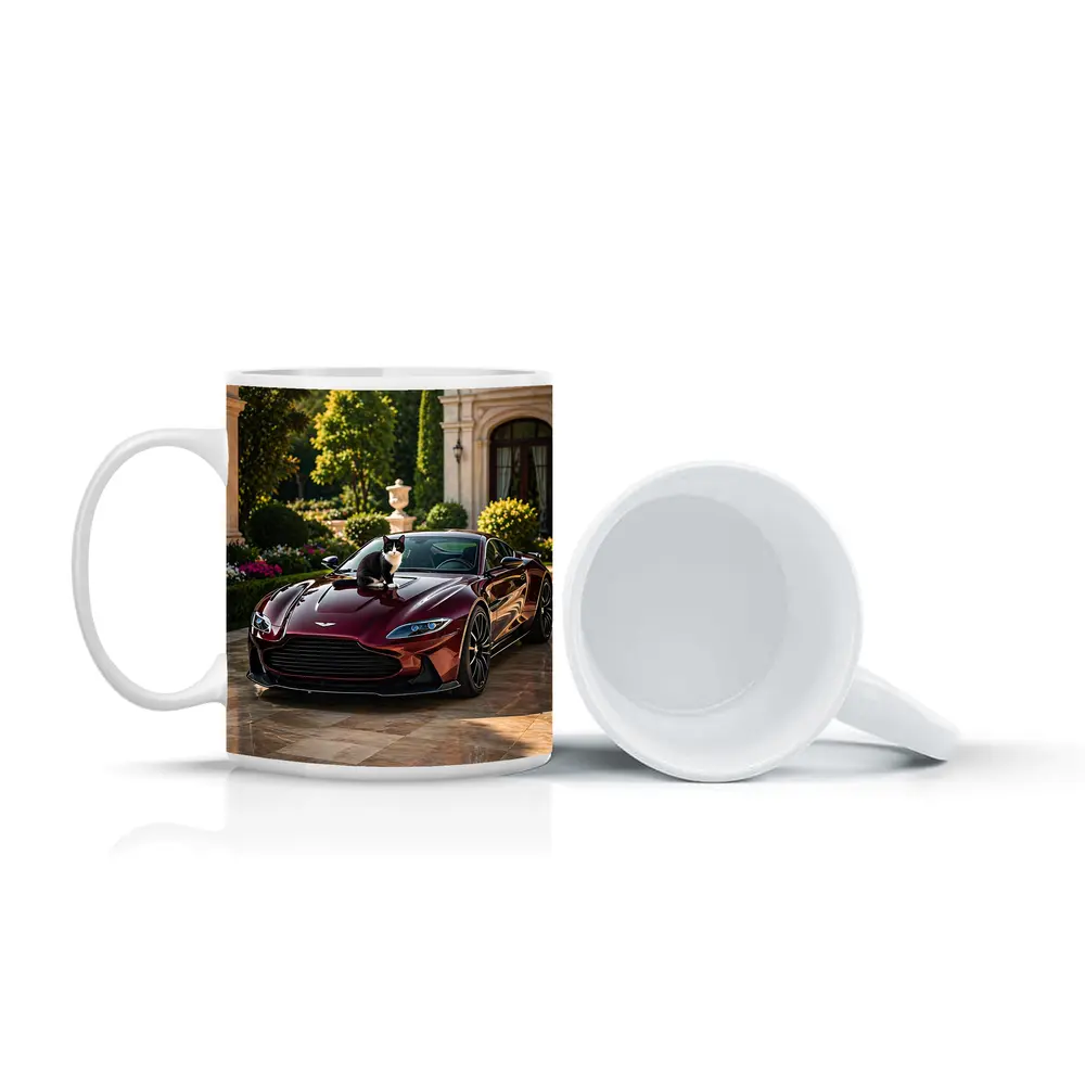 Aston Martin Vantage Tuxedo Cat Mansion Driveway – Mugs