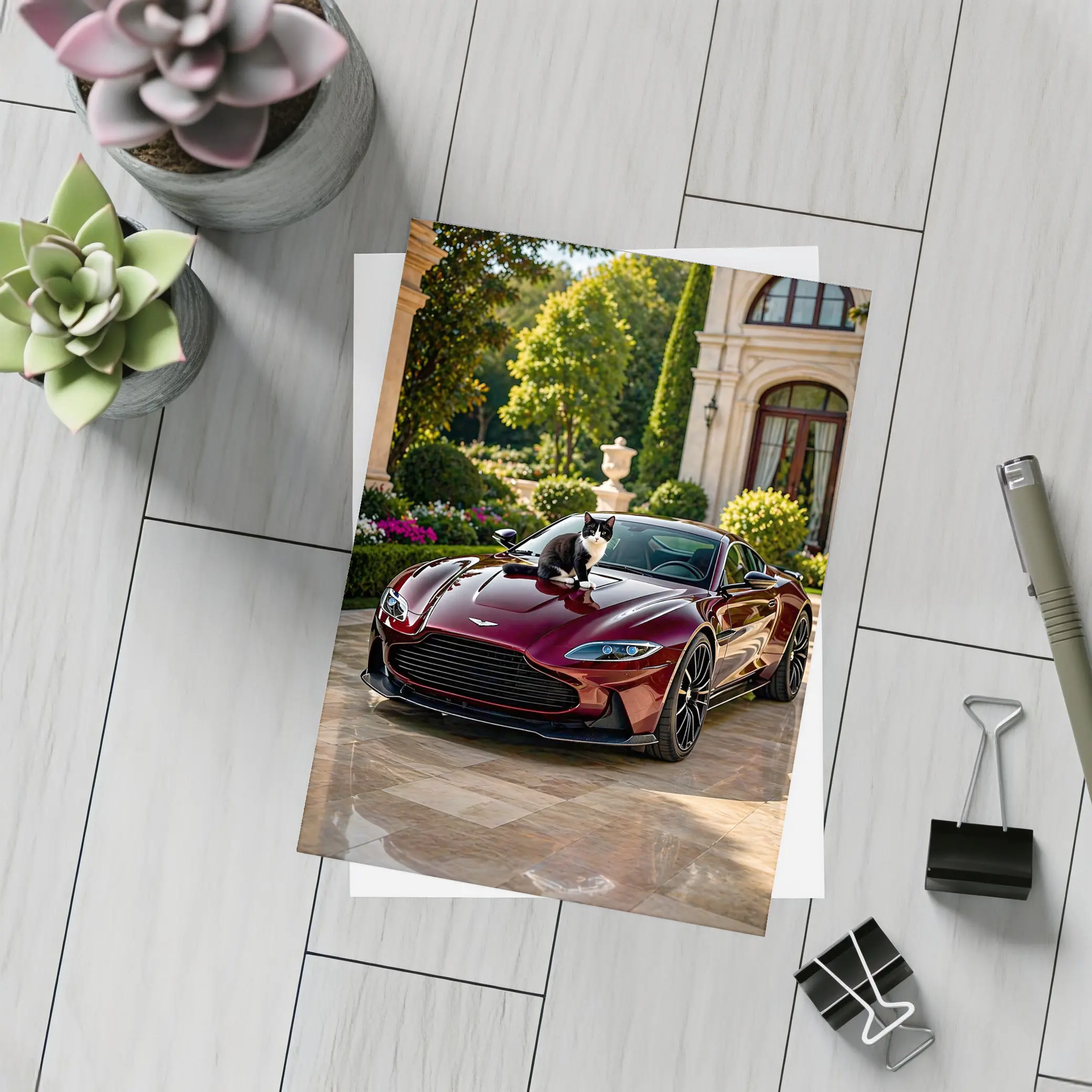 Aston Martin Vantage Tuxedo Cat Mansion Driveway – Postcards