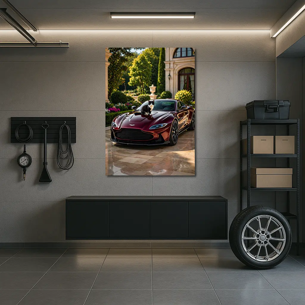 Aston Martin Vantage Tuxedo Cat Mansion Driveway – Wall Art