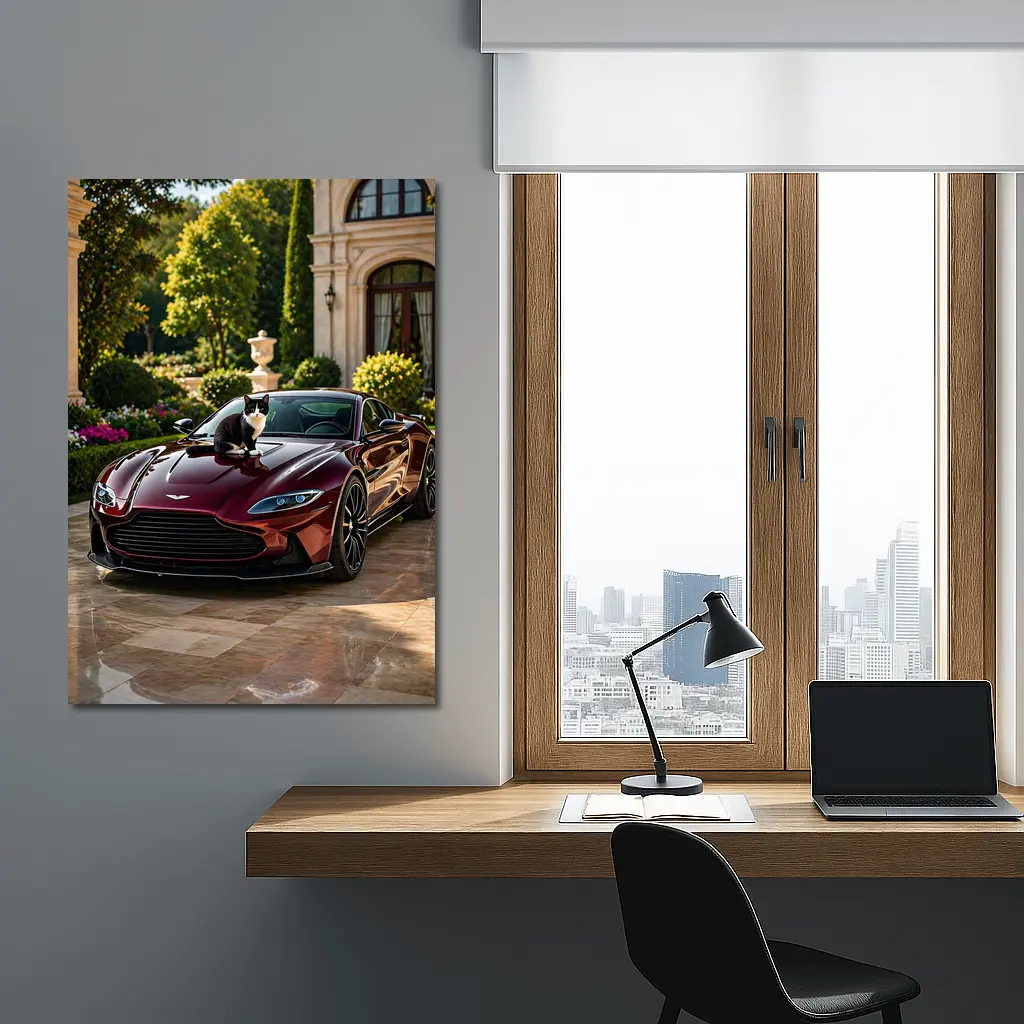 Aston Martin Vantage Tuxedo Cat Mansion Driveway – Wall Art