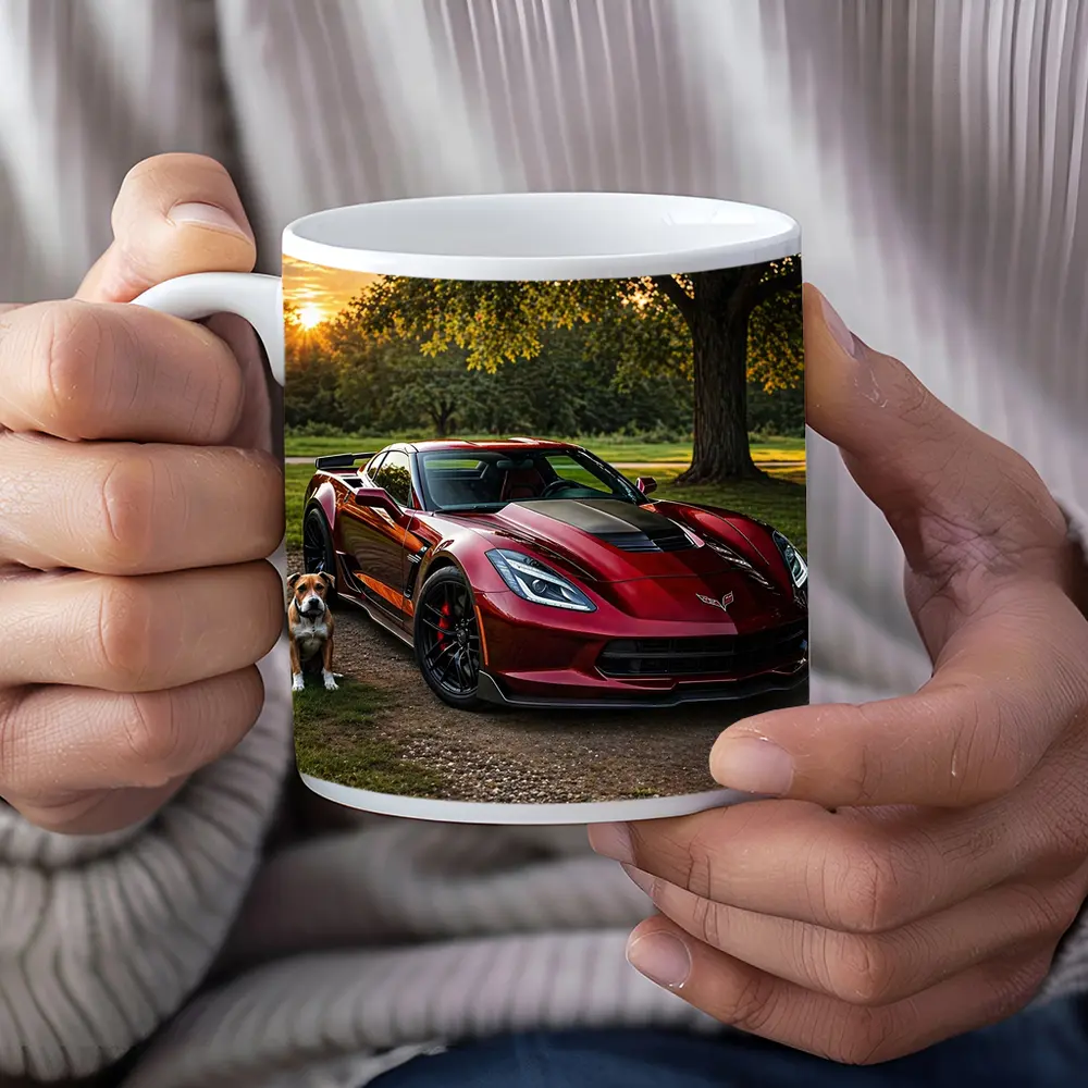Chevrolet Corvette Red Car Dog Sunset – Mugs
