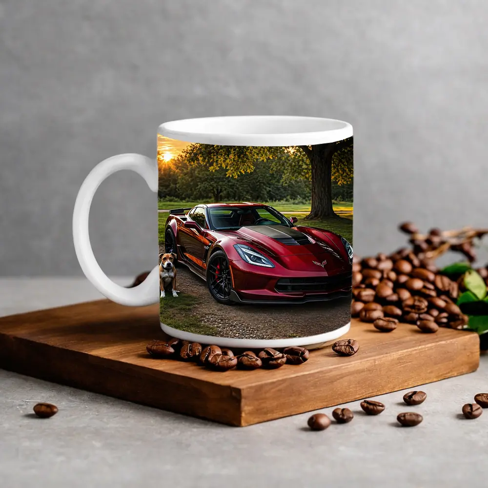 Chevrolet Corvette Red Car Dog Sunset – Mugs
