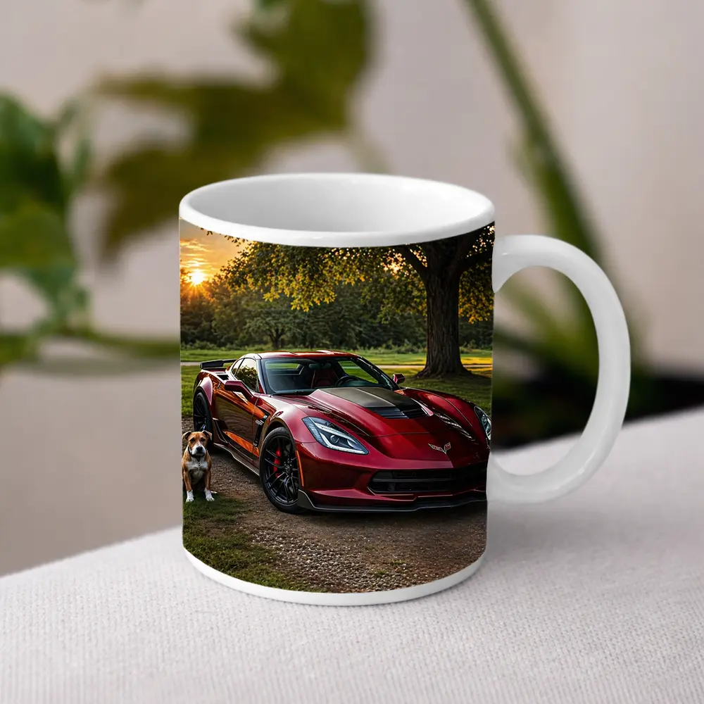 Chevrolet Corvette Red Car Dog Sunset – Mugs