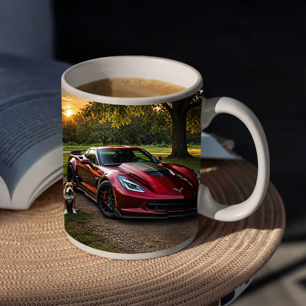 Chevrolet Corvette Red Car Dog Sunset – Mugs