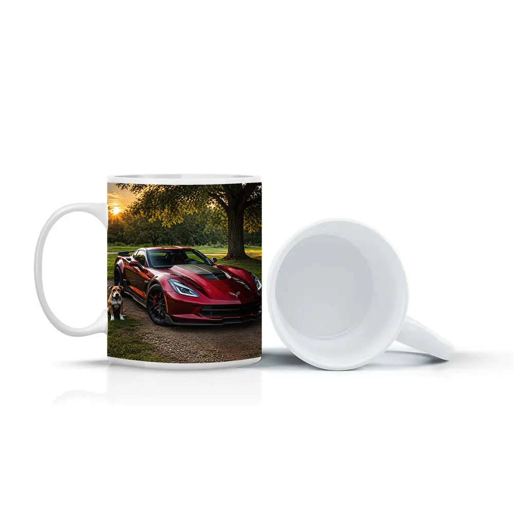Chevrolet Corvette Red Car Dog Sunset – Mugs