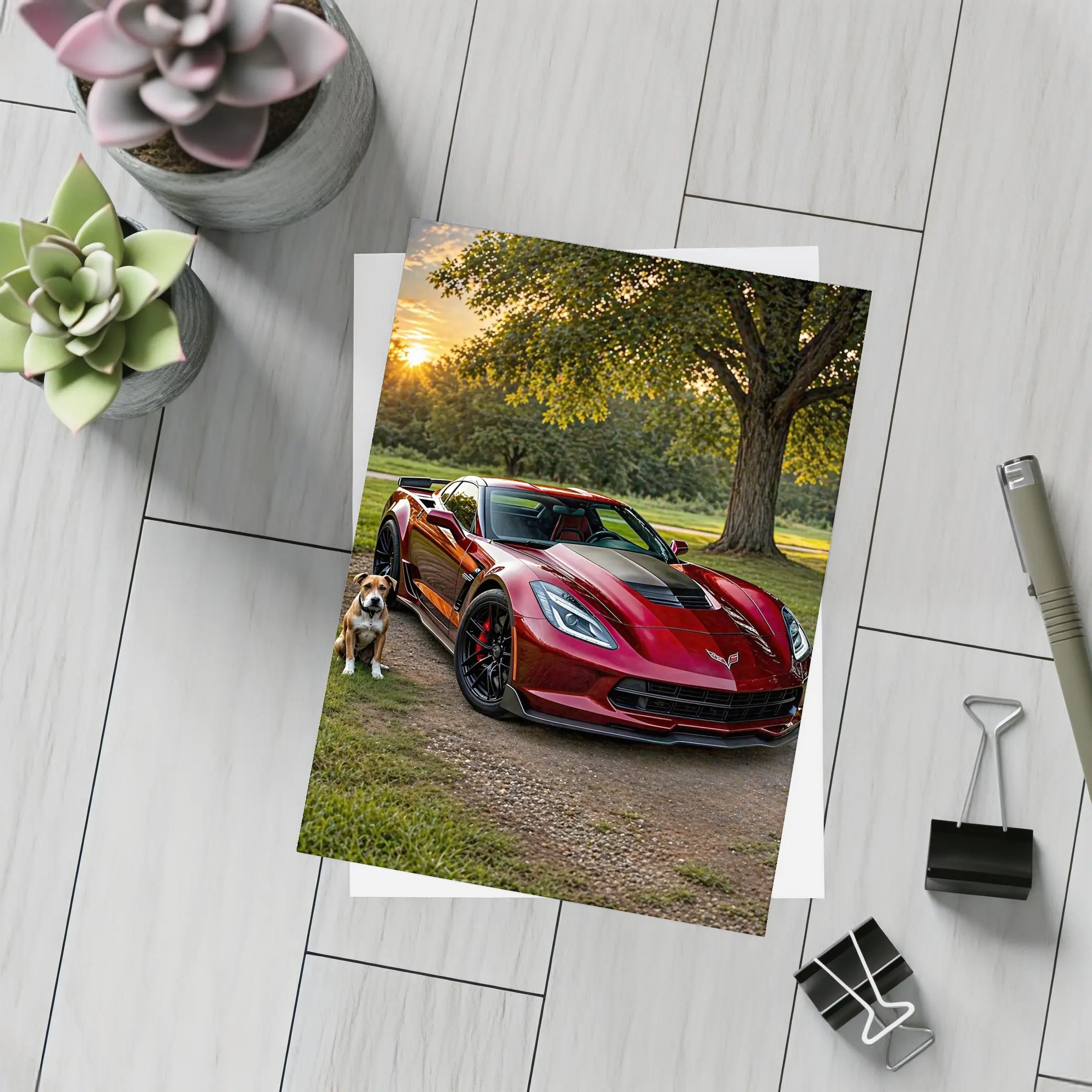 Chevrolet Corvette Red Car Dog Sunset – Postcards