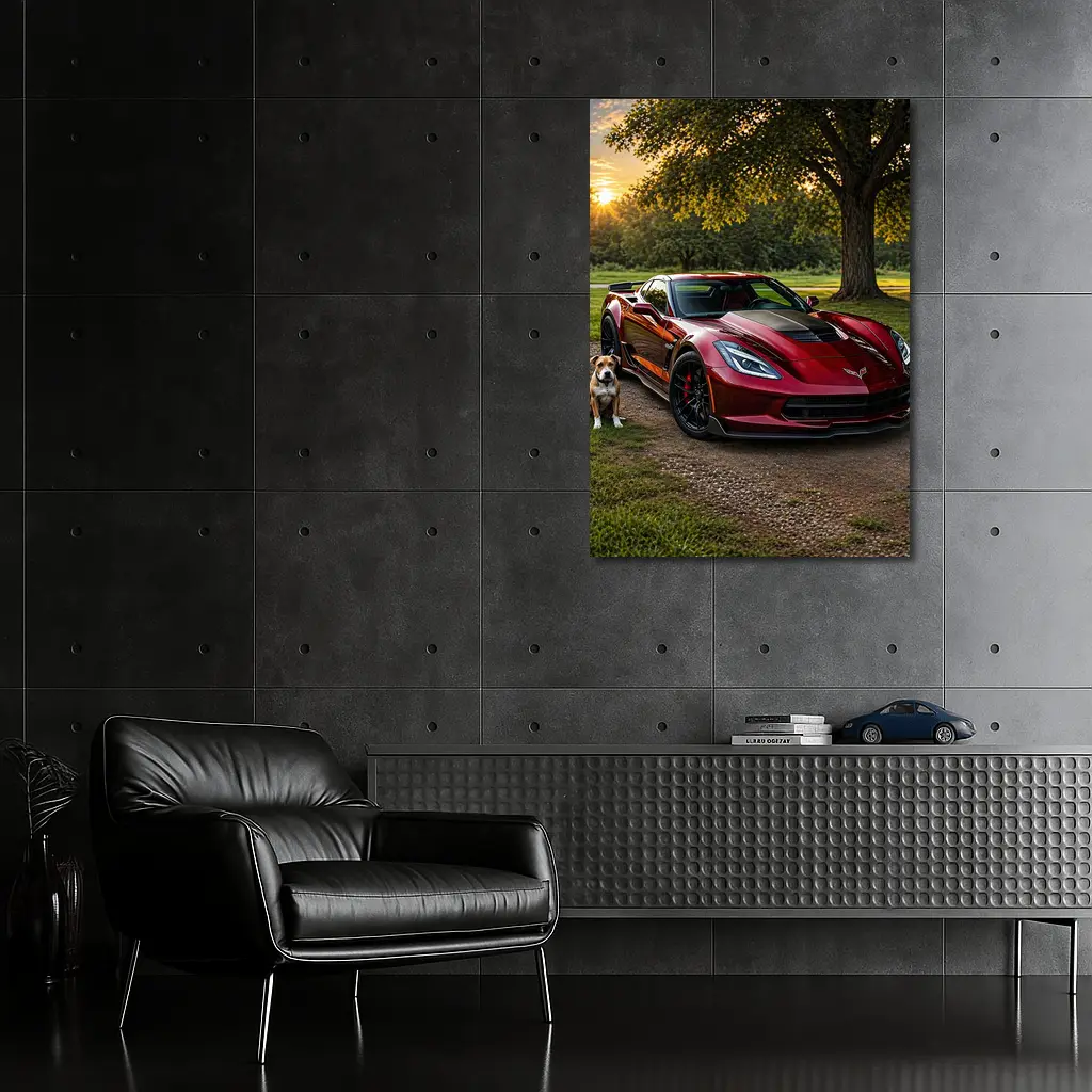 Chevrolet Corvette Red Car Dog Sunset – Wall Art