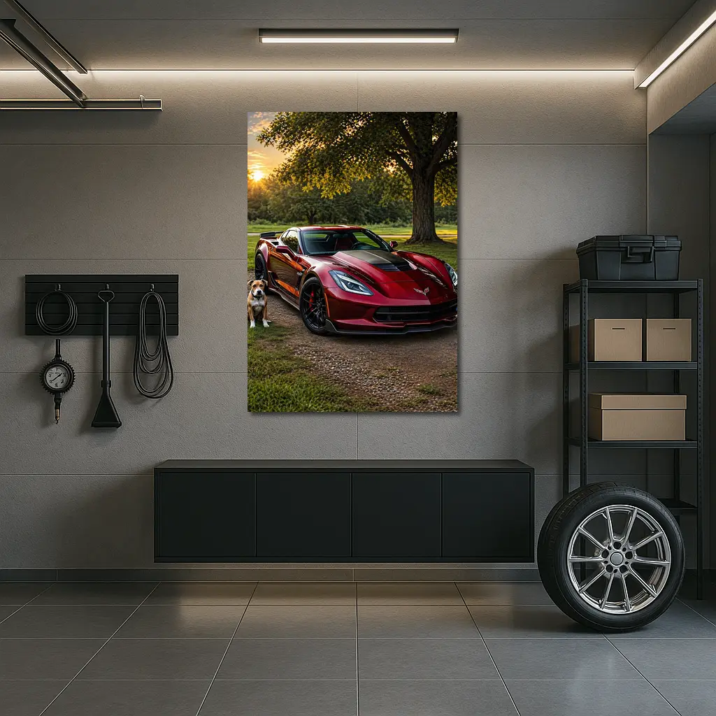 Chevrolet Corvette Red Car Dog Sunset – Wall Art