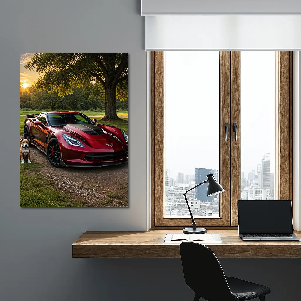 Chevrolet Corvette Red Car Dog Sunset – Wall Art