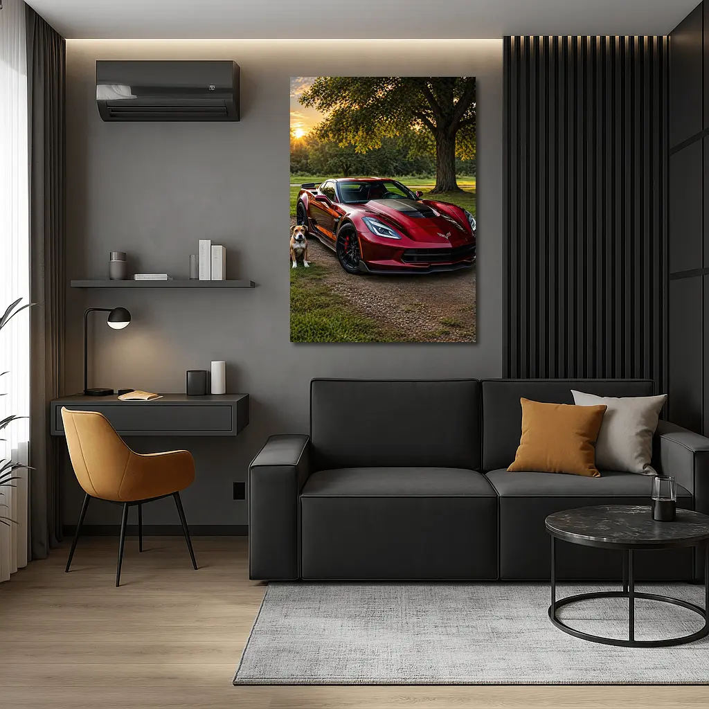 Chevrolet Corvette Red Car Dog Sunset – Wall Art