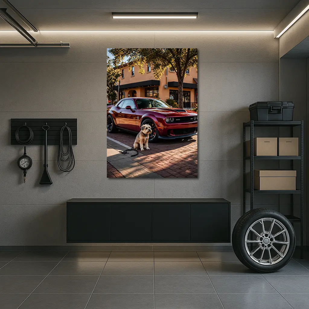 Dodge Challenger SRT Hellcat Red With Dog – Wall Art