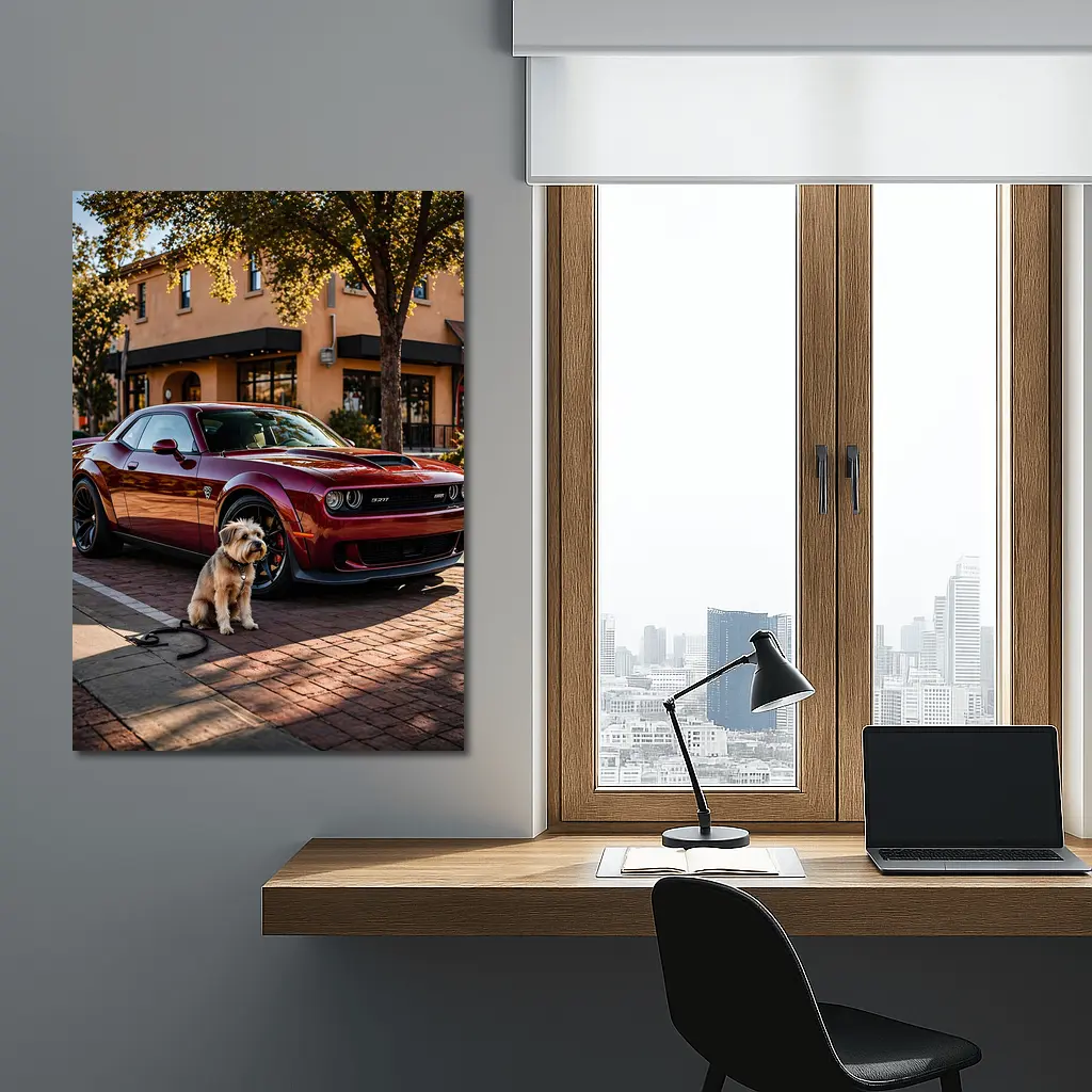 Dodge Challenger SRT Hellcat Red With Dog – Wall Art