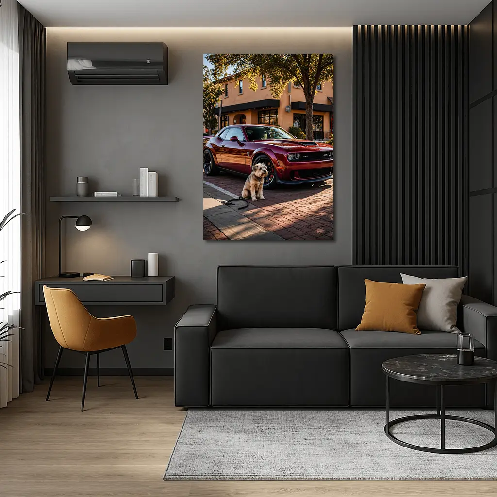 Dodge Challenger SRT Hellcat Red With Dog – Wall Art