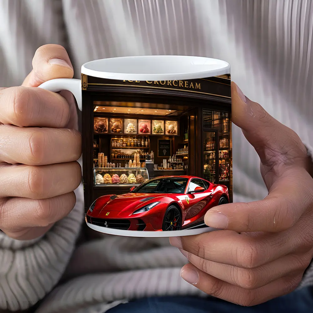 Ferrari 812 Superfast Parked Outside Ice Cream Shop – Mugs