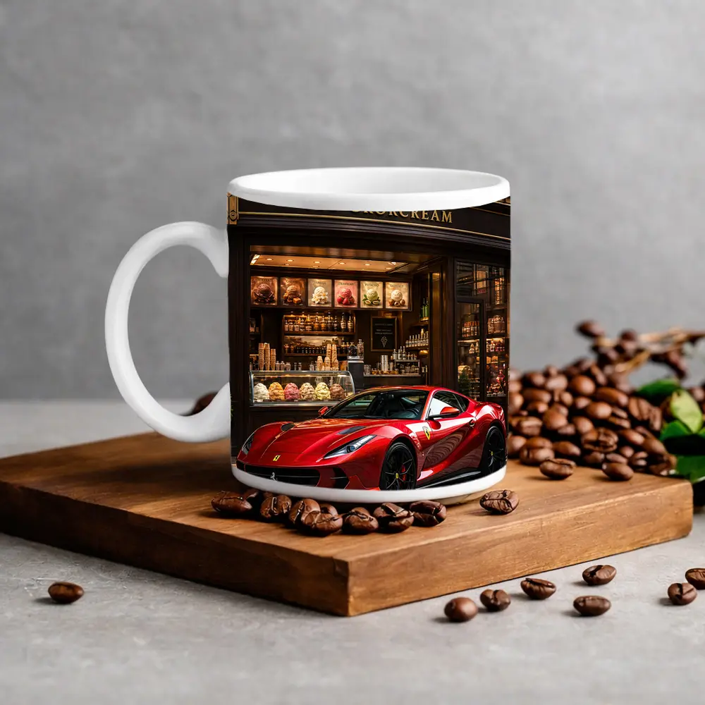Ferrari 812 Superfast Parked Outside Ice Cream Shop – Mugs