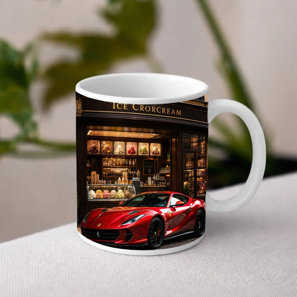 Ferrari 812 Superfast Parked Outside Ice Cream Shop – Mugs