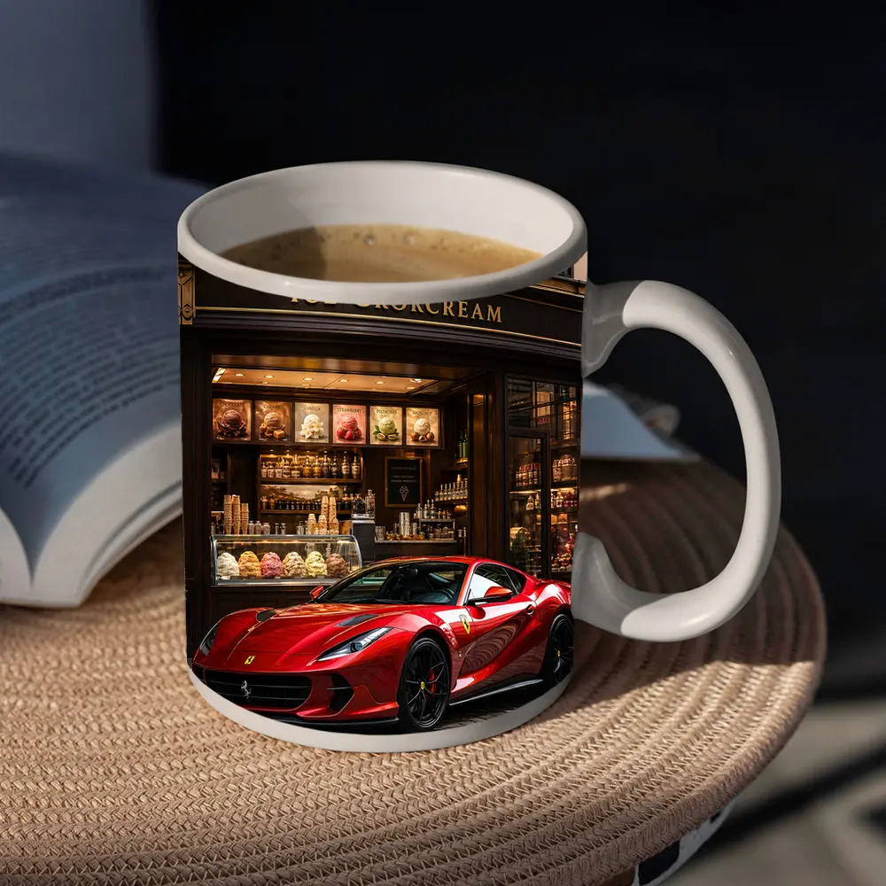 Ferrari 812 Superfast Parked Outside Ice Cream Shop – Mugs