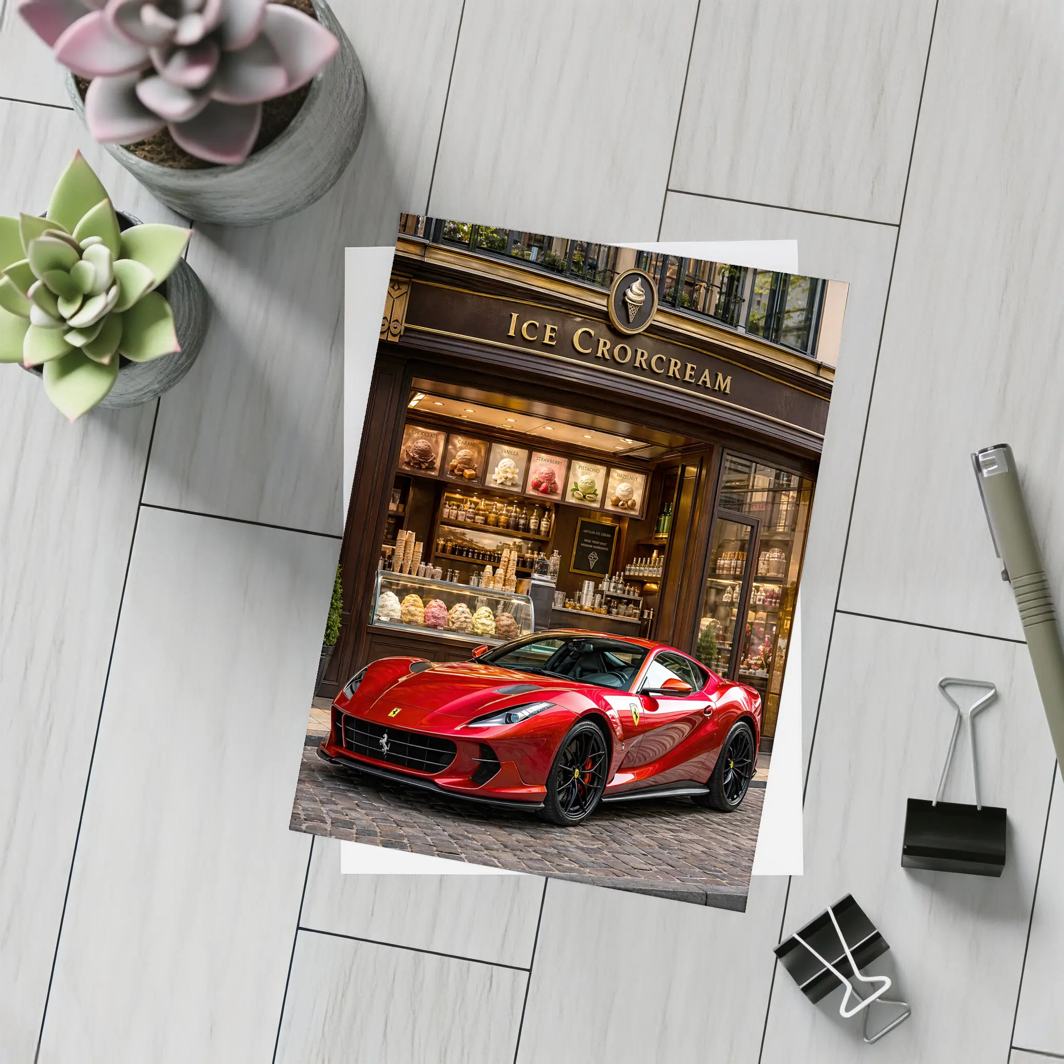 Ferrari 812 Superfast Parked Outside Ice Cream Shop – Postcards