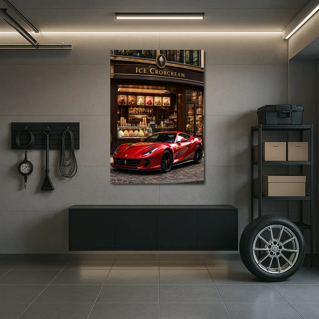Ferrari 812 Superfast Parked Outside Ice Cream Shop – Wall Art