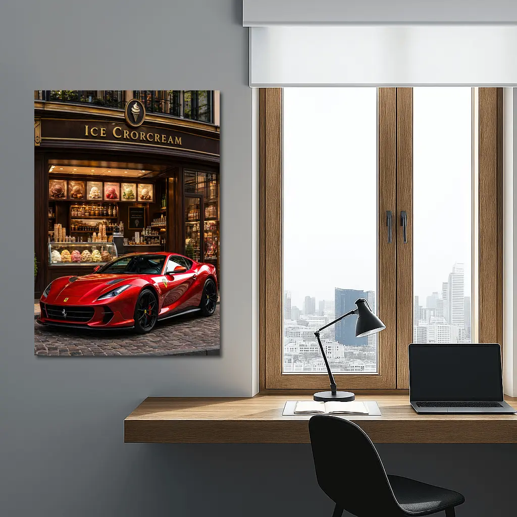 Ferrari 812 Superfast Parked Outside Ice Cream Shop – Wall Art