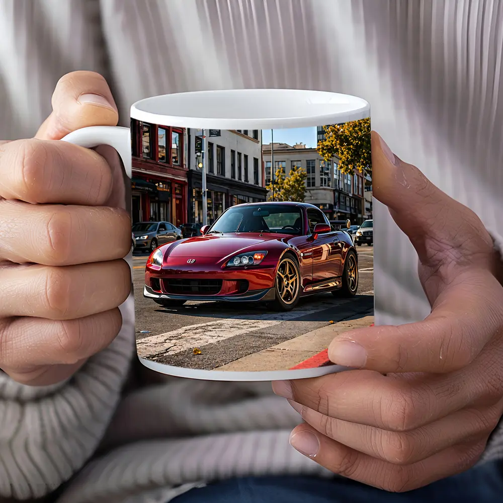 Honda S2000 Burgundy Downtown Street Scene – Mugs