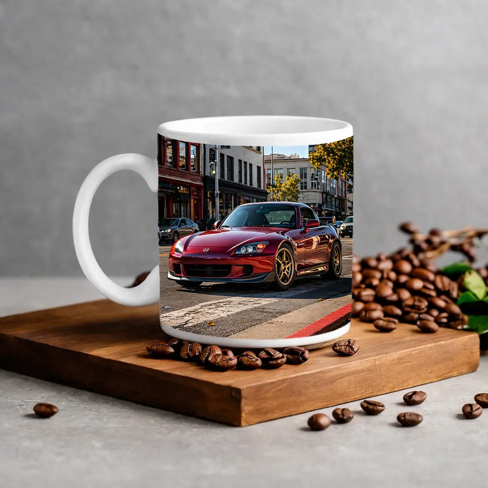 Honda S2000 Burgundy Downtown Street Scene – Mugs